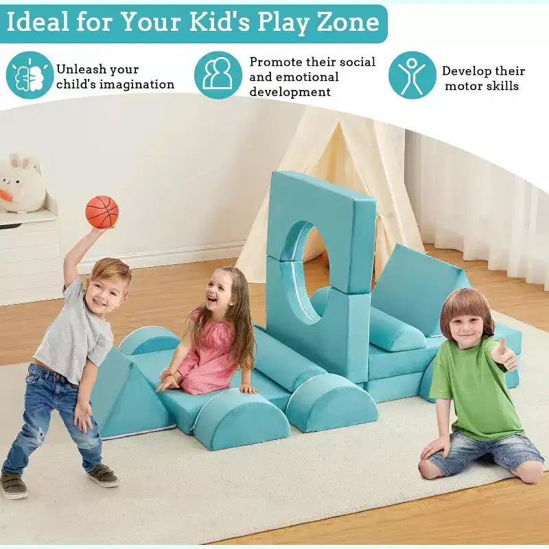 Divano da gioco per bambini - Set da 15 pezzi con rivestimenti in morbido velluto, forme riconfigurabili per sale giochi e divertimento al chiuso (blu)