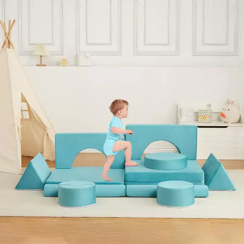 Divano da gioco per bambini - Set da 15 pezzi con rivestimenti in morbido velluto, forme riconfigurabili per sale giochi e divertimento al chiuso (blu)