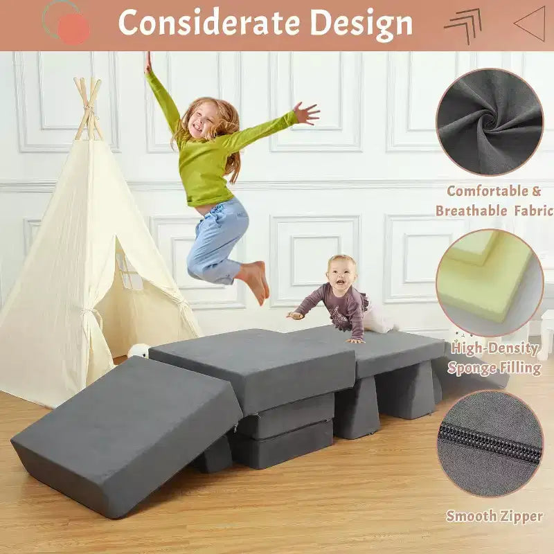 Divano da gioco per bambini, set da 8 pezzi - Divano componibile per bambini piccoli (grigio scuro)