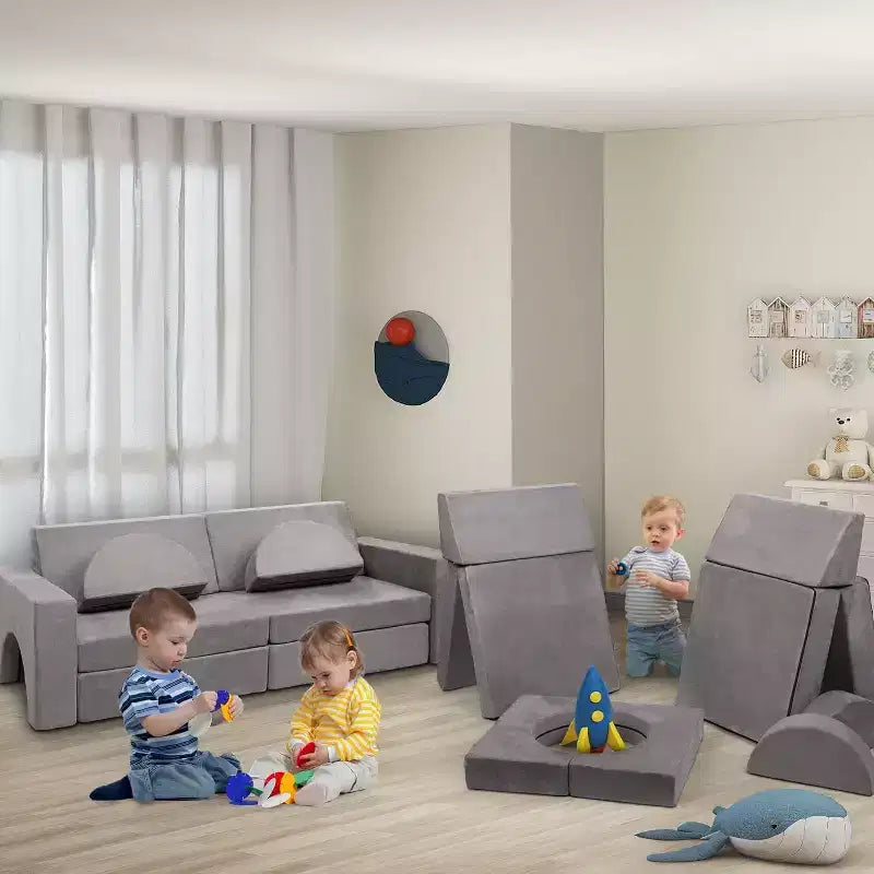 Divano da gioco per bambini, 8 pezzi, divano da gioco convertibile con rivestimento in velluto scamosciato, divano creativo in schiuma per sala giochi, cameretta - Grigio