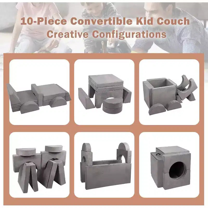 Divano da gioco per bambini, 8 pezzi, divano da gioco convertibile con rivestimento in velluto scamosciato, divano creativo in schiuma per sala giochi, cameretta - Grigio