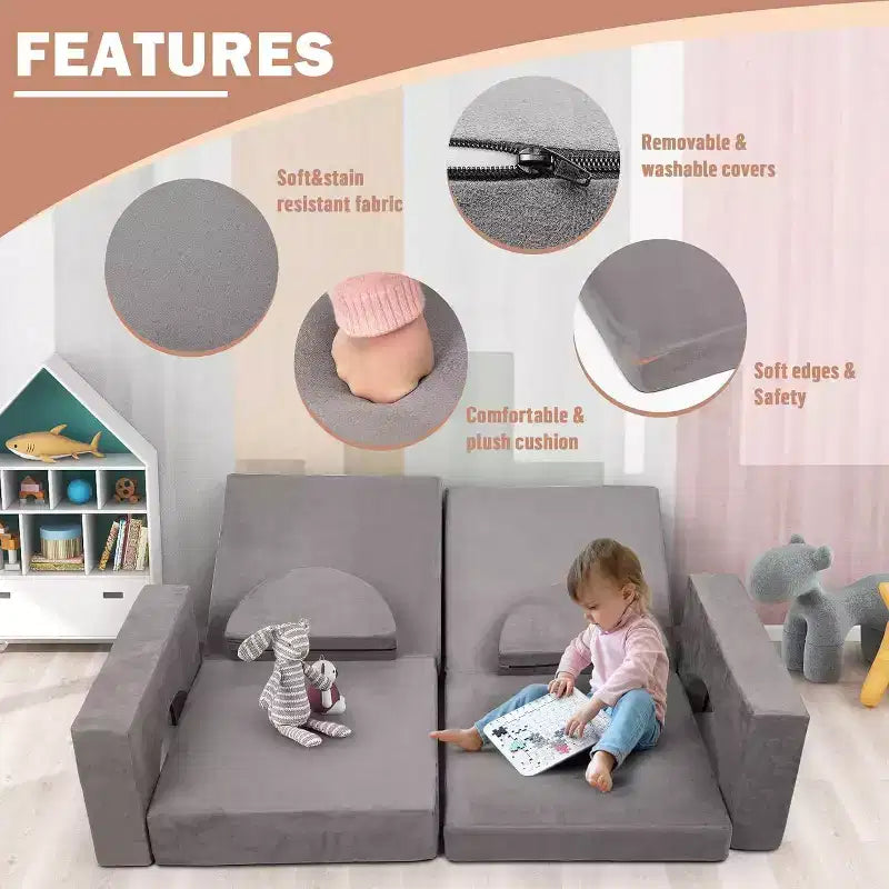 Divano da gioco per bambini, 8 pezzi, divano da gioco convertibile con rivestimento in velluto scamosciato, divano creativo in schiuma per sala giochi, cameretta - Grigio