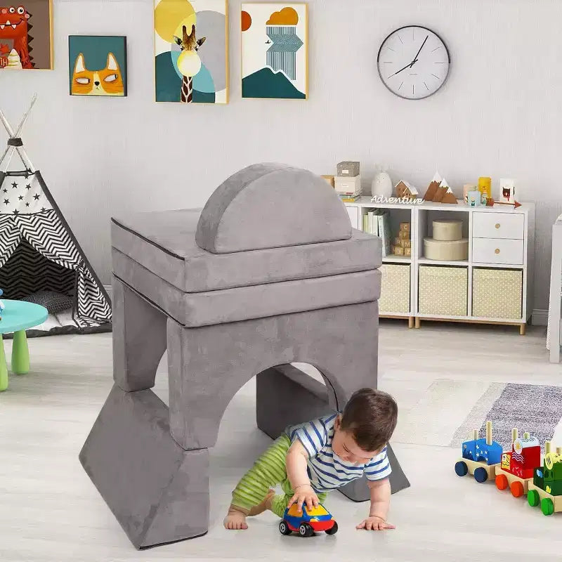 Divano da gioco per bambini, 8 pezzi, divano da gioco convertibile con rivestimento in velluto scamosciato, divano creativo in schiuma per sala giochi, cameretta - Grigio