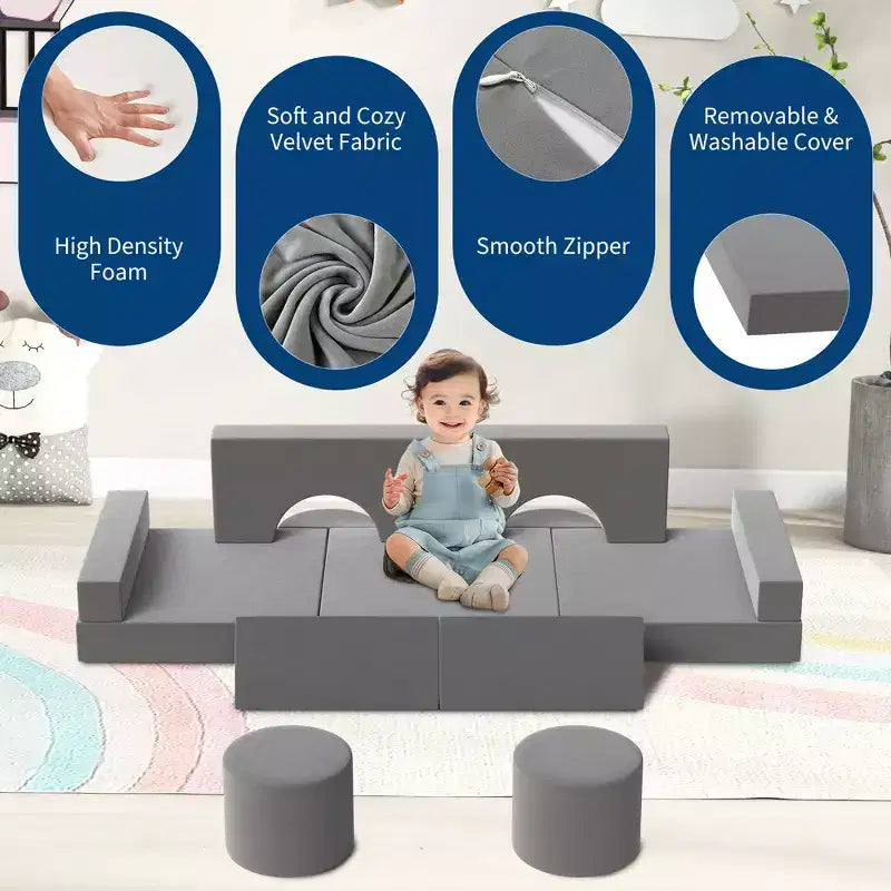 Divano giochi per bambini, divano per bambini 13 pezzi con rivestimento in velluto lavabile, sedia convertibile in schiuma per sala giochi, soggiorno