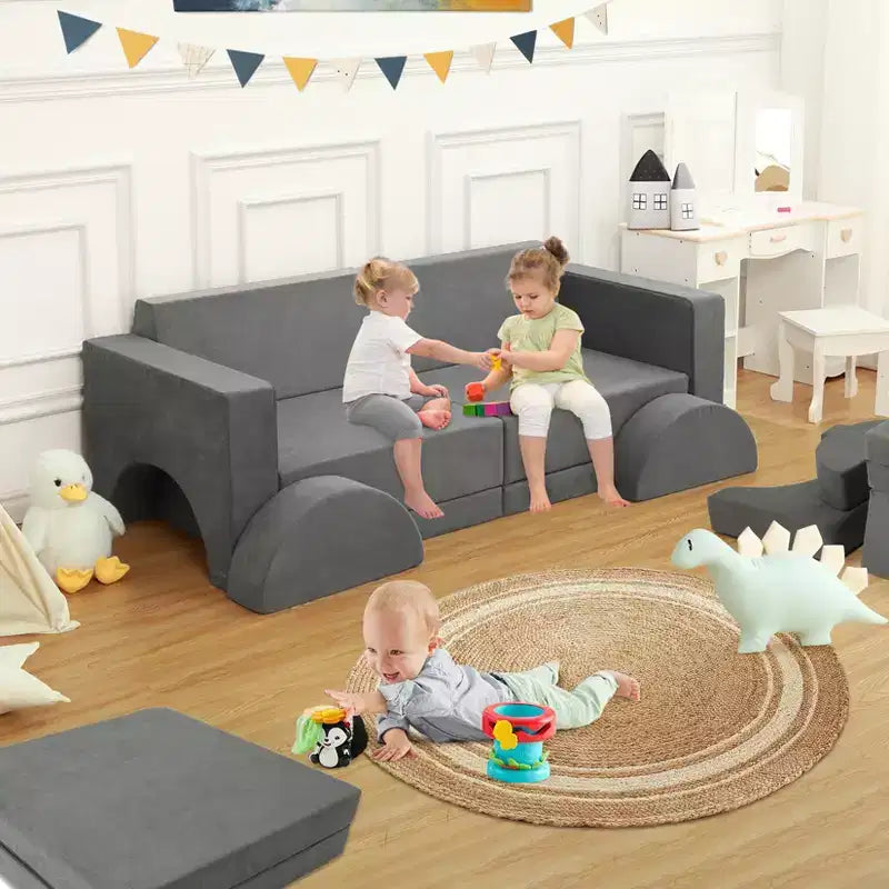 Divano per Bambini, 8 Pezzi Divano per Bambini Divano da Gioco per la Stanza dei Giochi la Cameretta, Divano Convertibile per Bambini con Rivestimento Rimovibile, Grigio Scuro
