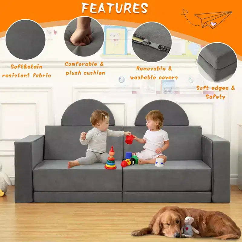 Divano per Bambini, 8 Pezzi Divano per Bambini Divano da Gioco per la Stanza dei Giochi la Cameretta, Divano Convertibile per Bambini con Rivestimento Rimovibile, Grigio Scuro