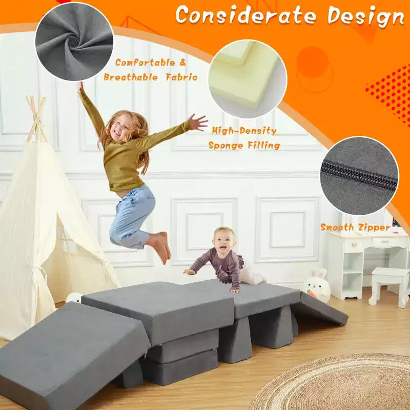 Divano per Bambini, 8 Pezzi Divano per Bambini Divano da Gioco per la Stanza dei Giochi la Cameretta, Divano Convertibile per Bambini con Rivestimento Rimovibile, Grigio Scuro