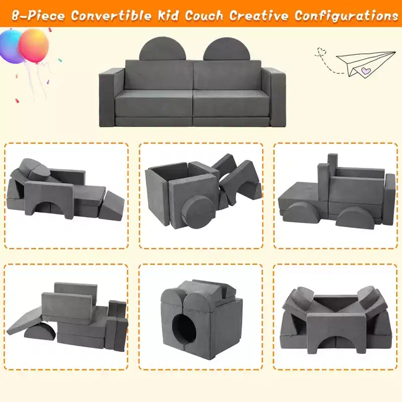 Divano per Bambini, 8 Pezzi Divano per Bambini Divano da Gioco per la Stanza dei Giochi la Cameretta, Divano Convertibile per Bambini con Rivestimento Rimovibile, Grigio Scuro