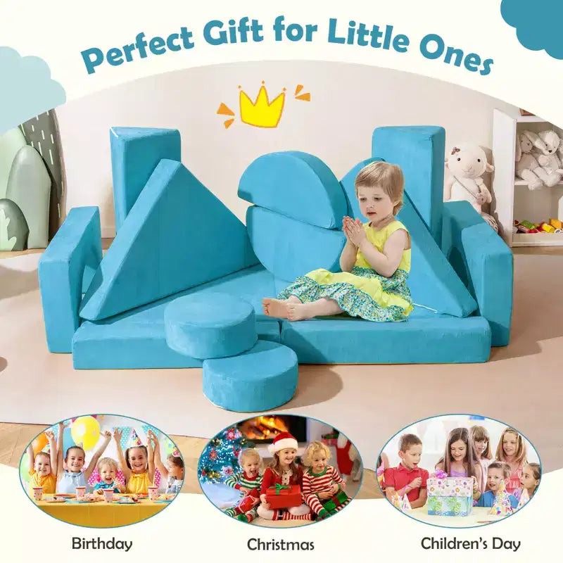 Divano gioco per bambini da 14 pezzi Divano componibile per bambini Morbido set da gioco per bambini Blu/Grigio/Giallo