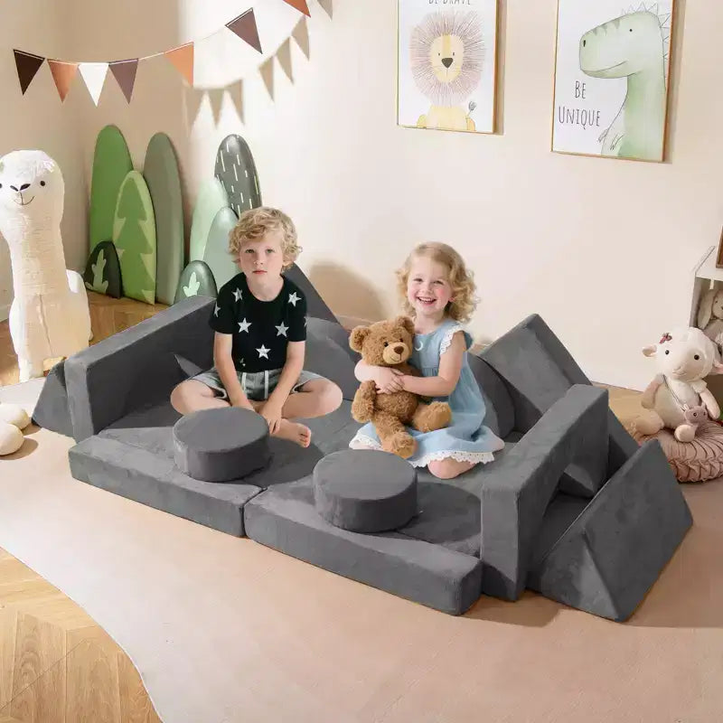 Divano gioco per bambini da 14 pezzi Divano componibile per bambini Morbido set da gioco per bambini Blu/Grigio/Giallo