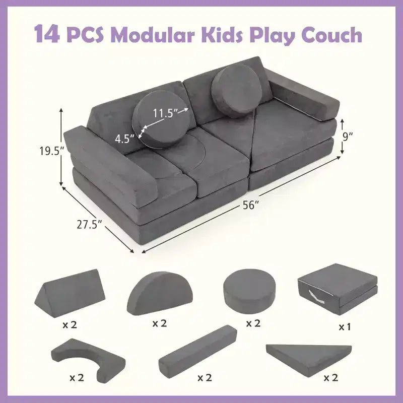 Divano gioco per bambini da 14 pezzi Divano componibile per bambini Morbido set da gioco per bambini Blu/Grigio/Giallo