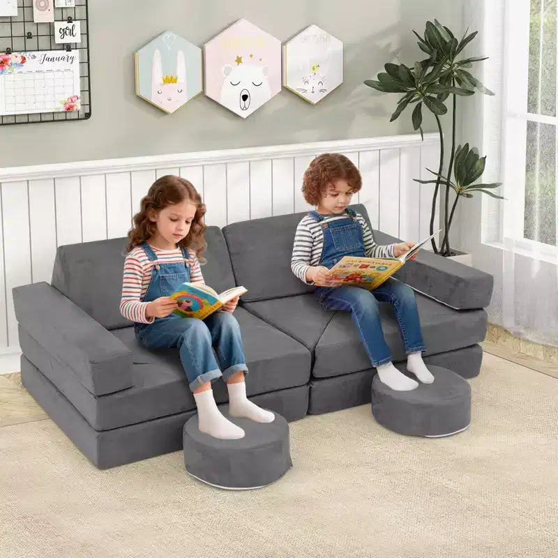 Divano gioco per bambini da 14 pezzi Divano componibile per bambini Morbido set da gioco per bambini Blu/Grigio/Giallo