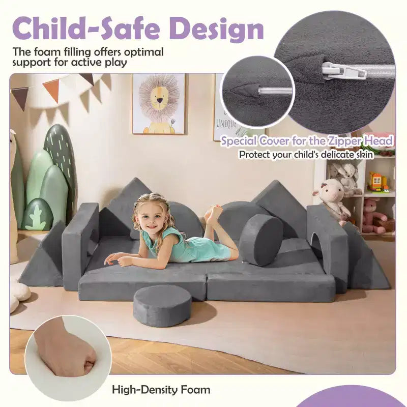 Divano gioco per bambini da 14 pezzi Divano componibile per bambini Morbido set da gioco per bambini Blu/Grigio/Giallo