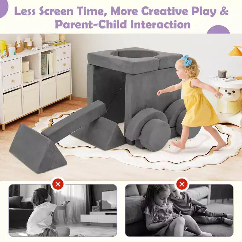 Divano gioco per bambini da 14 pezzi Divano componibile per bambini Morbido set da gioco per bambini Blu/Grigio/Giallo