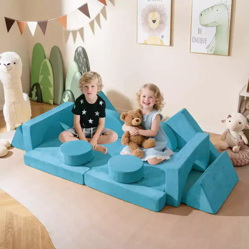 Divano gioco per bambini da 14 pezzi Divano componibile per bambini Morbido set da gioco per bambini Blu/Grigio/Giallo