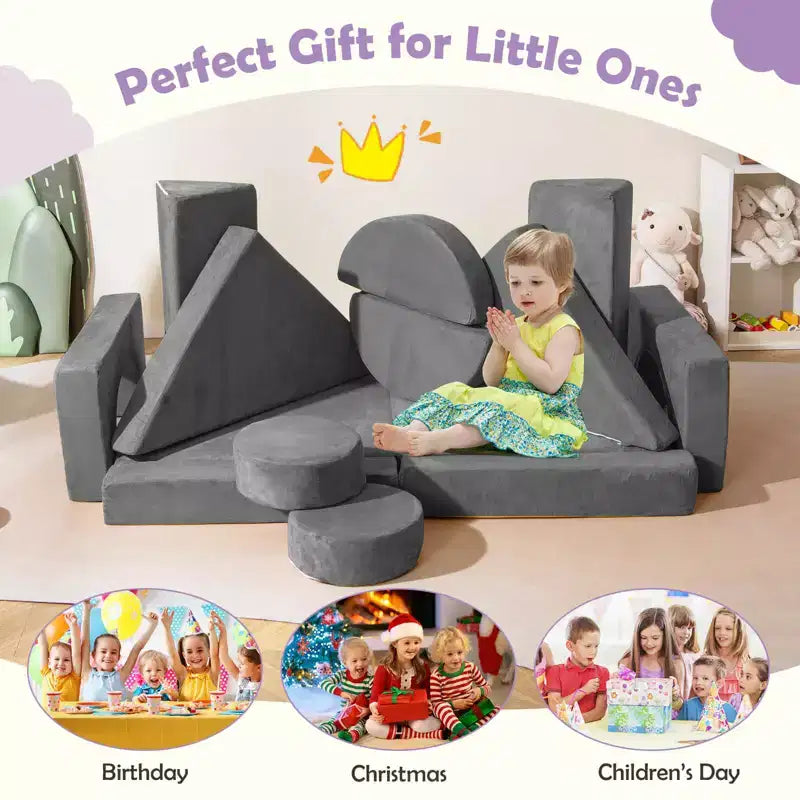 Divano gioco per bambini da 14 pezzi Divano componibile per bambini Morbido set da gioco per bambini Blu/Grigio/Giallo