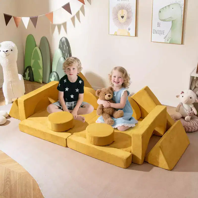 Divano gioco per bambini da 14 pezzi Divano componibile per bambini Morbido set da gioco per bambini Blu/Grigio/Giallo