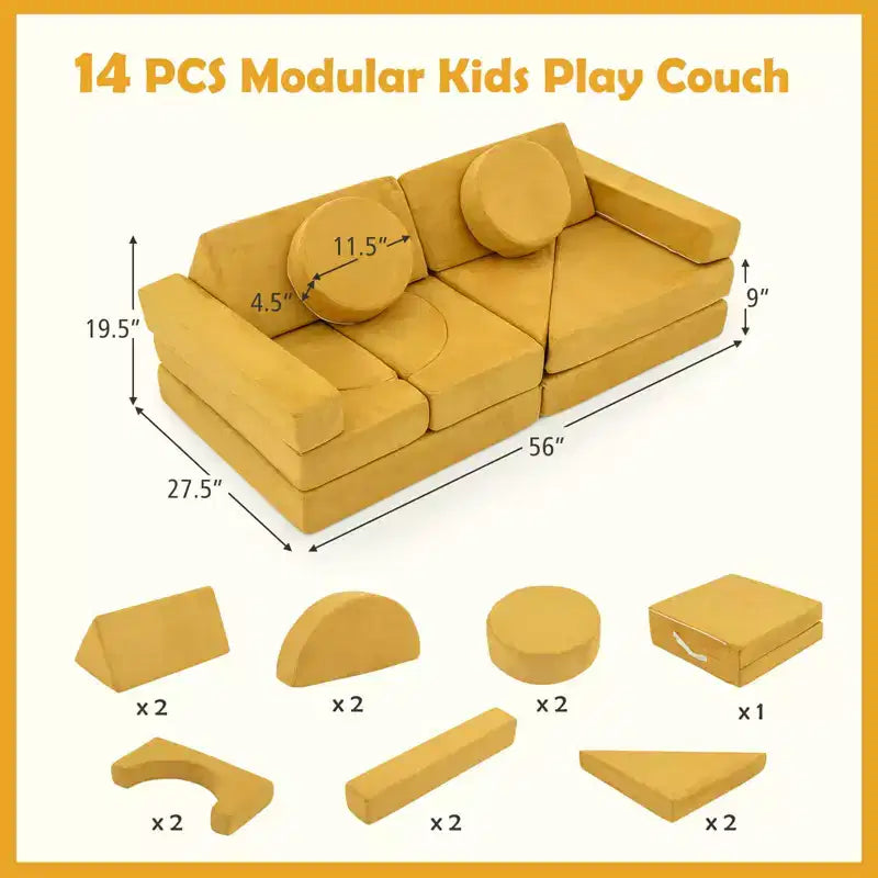Divano gioco per bambini da 14 pezzi Divano componibile per bambini Morbido set da gioco per bambini Blu/Grigio/Giallo