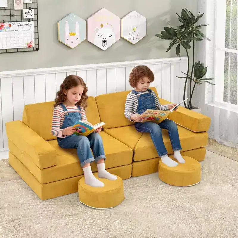 Divano gioco per bambini da 14 pezzi Divano componibile per bambini Morbido set da gioco per bambini Blu/Grigio/Giallo