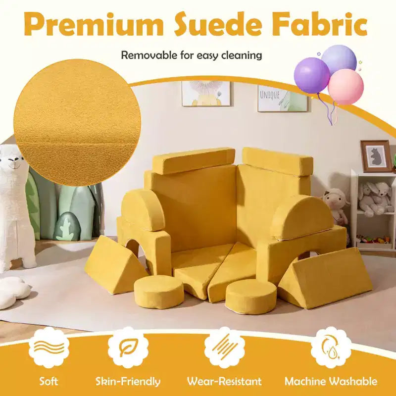 Divano gioco per bambini da 14 pezzi Divano componibile per bambini Morbido set da gioco per bambini Blu/Grigio/Giallo