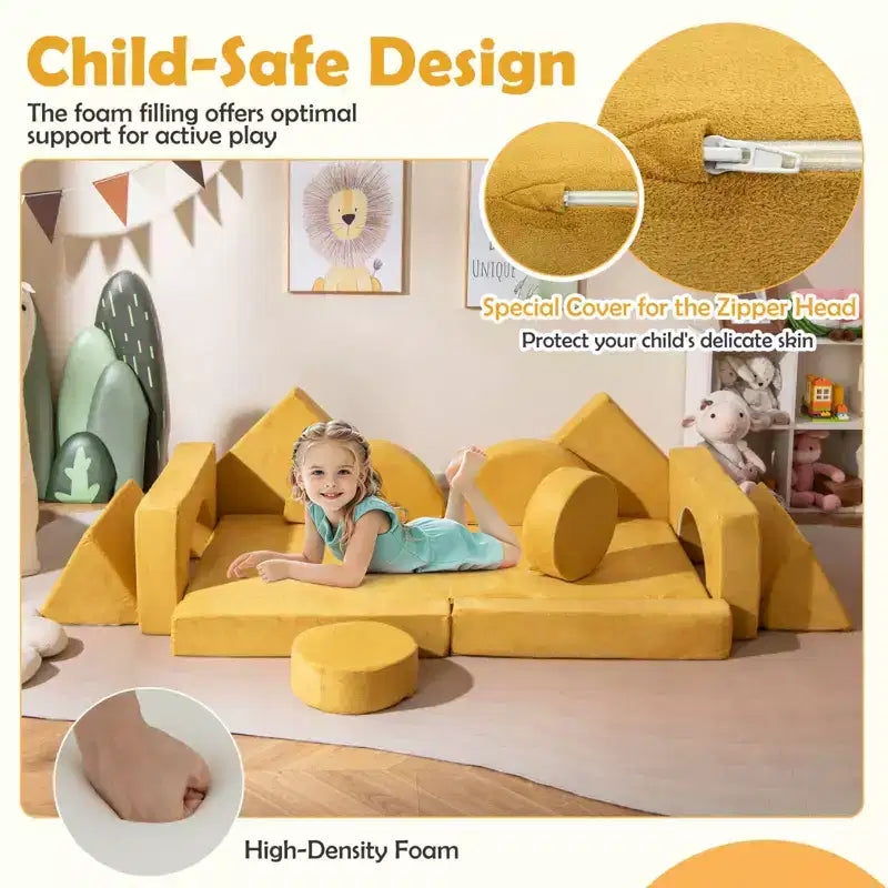 Divano gioco per bambini da 14 pezzi Divano componibile per bambini Morbido set da gioco per bambini Blu/Grigio/Giallo