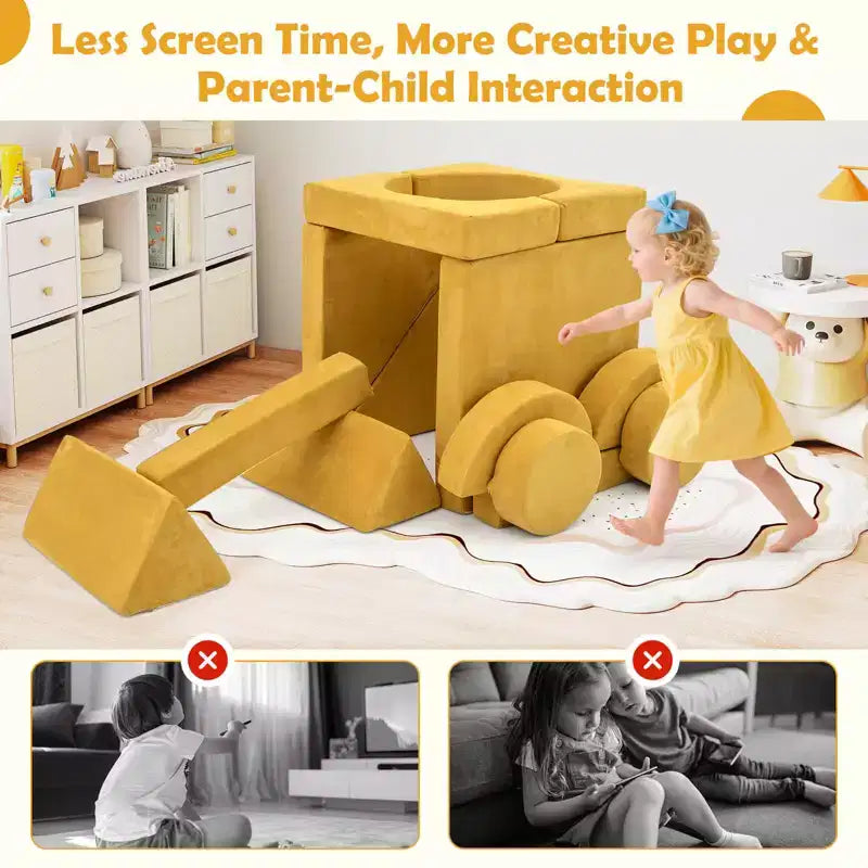 Divano gioco per bambini da 14 pezzi Divano componibile per bambini Morbido set da gioco per bambini Blu/Grigio/Giallo