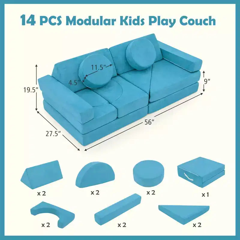 Divano gioco per bambini da 14 pezzi Divano componibile per bambini Morbido set da gioco per bambini Blu/Grigio/Giallo