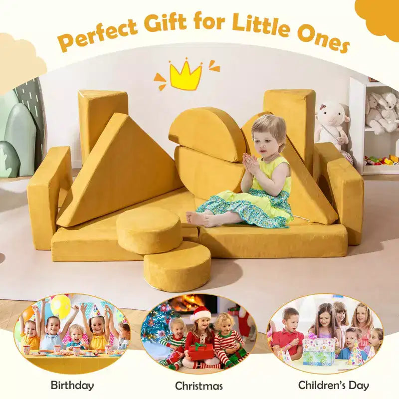 Divano gioco per bambini da 14 pezzi Divano componibile per bambini Morbido set da gioco per bambini Blu/Grigio/Giallo