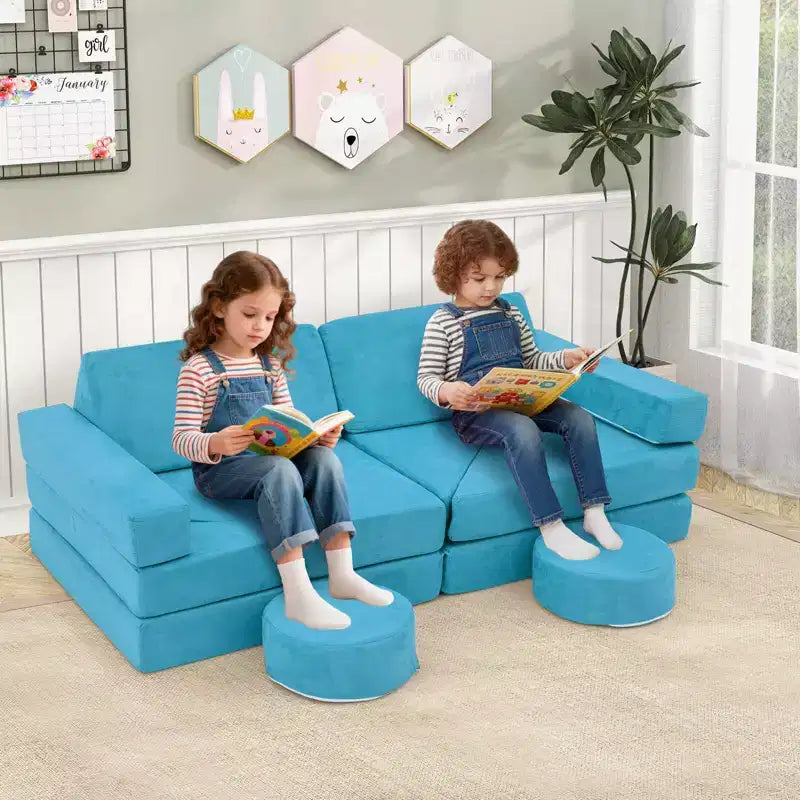 Divano gioco per bambini da 14 pezzi Divano componibile per bambini Morbido set da gioco per bambini Blu/Grigio/Giallo