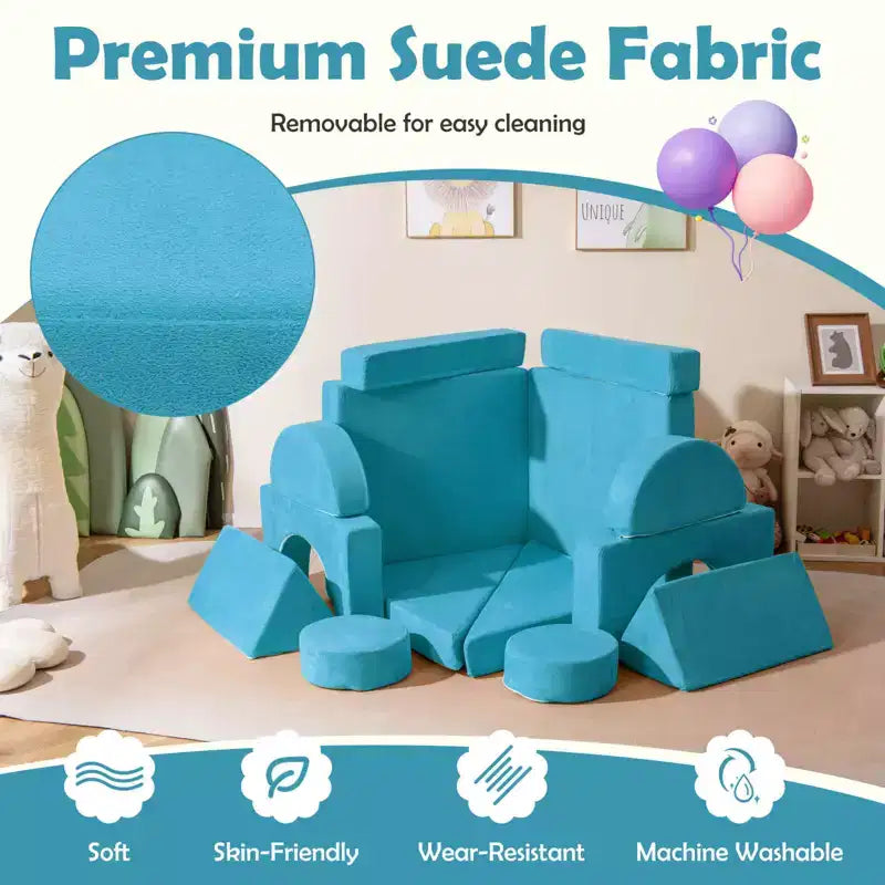 Divano gioco per bambini da 14 pezzi Divano componibile per bambini Morbido set da gioco per bambini Blu/Grigio/Giallo