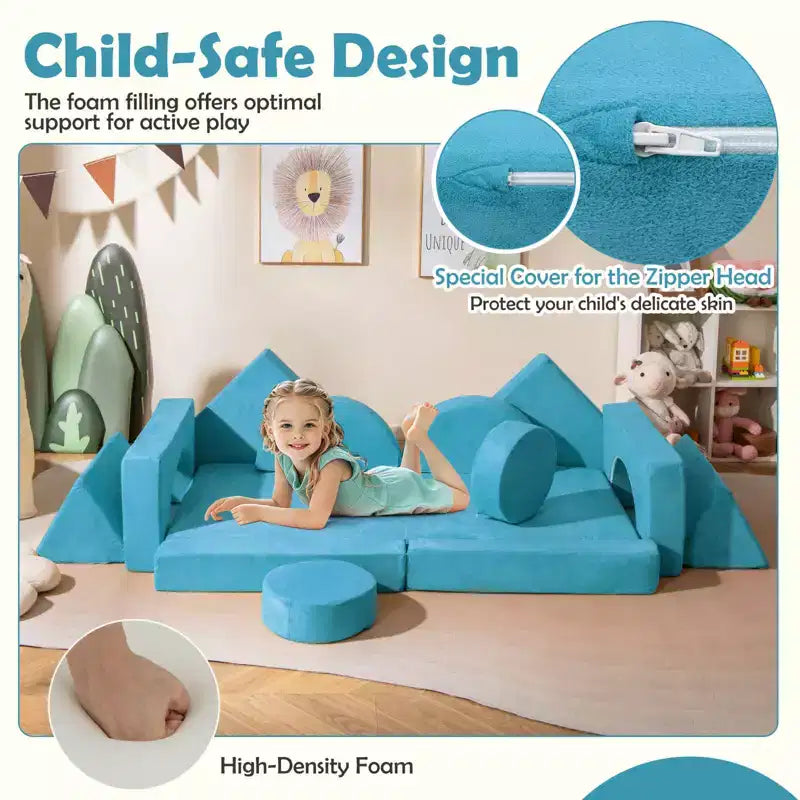 Divano gioco per bambini da 14 pezzi Divano componibile per bambini Morbido set da gioco per bambini Blu/Grigio/Giallo
