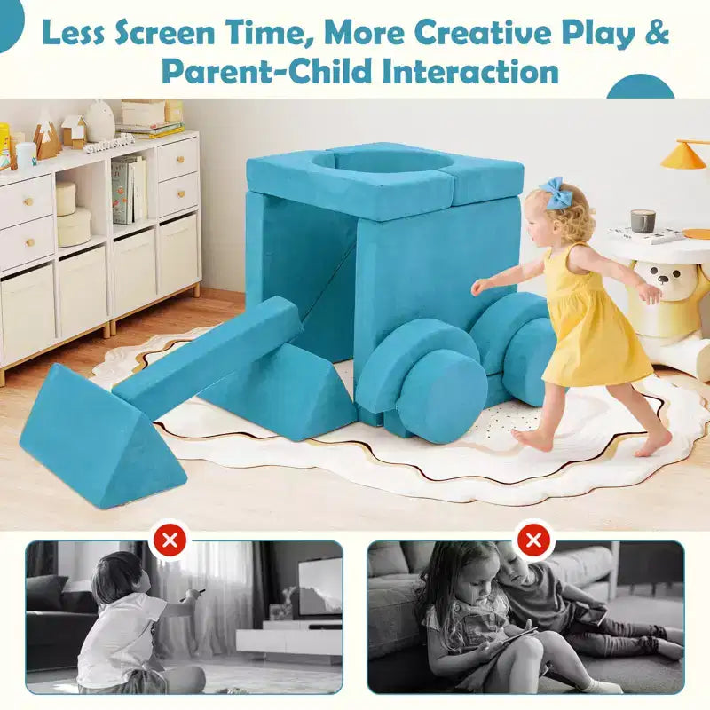 Divano gioco per bambini da 14 pezzi Divano componibile per bambini Morbido set da gioco per bambini Blu/Grigio/Giallo