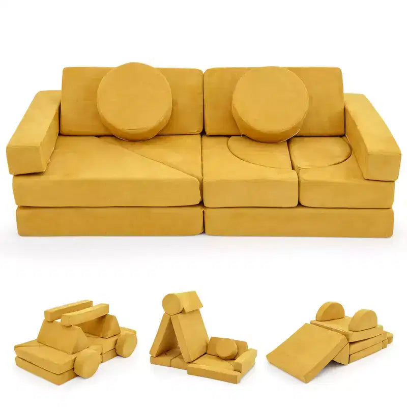 Divano gioco per bambini da 14 pezzi Divano componibile per bambini Morbido set da gioco per bambini Blu/Grigio/Giallo