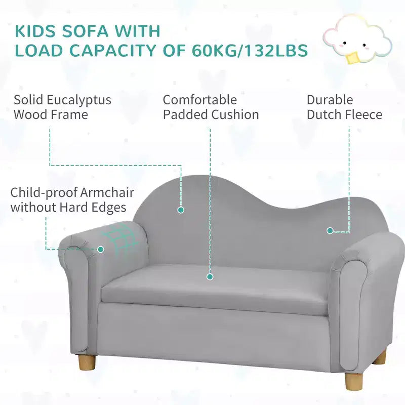 Divano ergonomico in schiuma per bambini con contenitore porta-giocattoli interno, divanetto per bambini in velluto con braccioli morbidi, mobili lounge per bambini