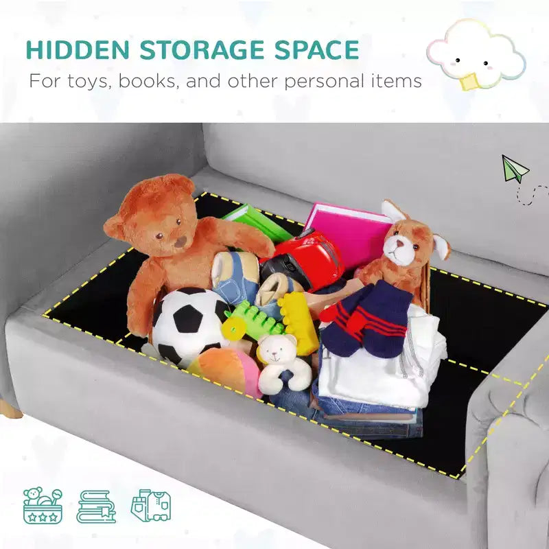 Divano ergonomico in schiuma per bambini con contenitore porta-giocattoli interno, divanetto per bambini in velluto con braccioli morbidi, mobili lounge per bambini