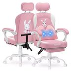 HOFFREE Kids Bunny Gaming Chair with Massage Pillow & Footrest, Adjustable & Ergonomic, Cute Kawaii Design for Ages 814