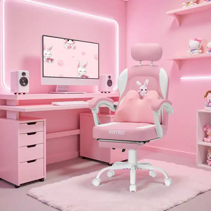 Sedia Gaming a Forma di Coniglio per Bambini con Cuscino Massaggiante e Poggiapiedi, Regolabile ed Ergonomica, Design Carino Kawaii per Fascia d'Età 8-14