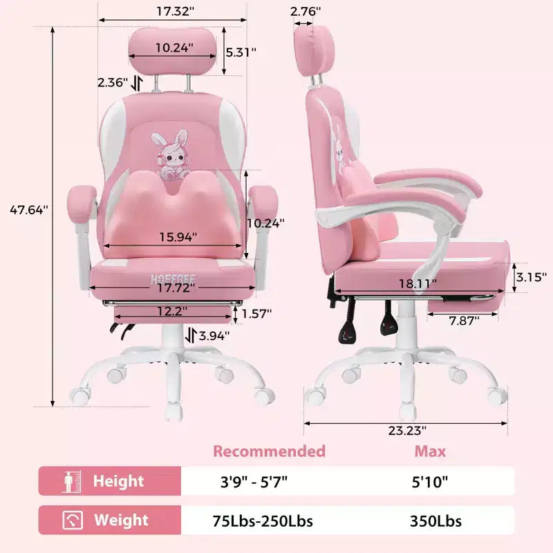Sedia Gaming a Forma di Coniglio per Bambini con Cuscino Massaggiante e Poggiapiedi, Regolabile ed Ergonomica, Design Carino Kawaii per Fascia d'Età 8-14