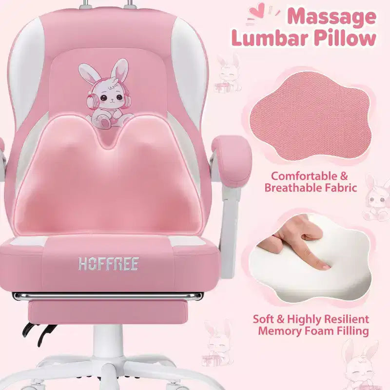 Sedia Gaming a Forma di Coniglio per Bambini con Cuscino Massaggiante e Poggiapiedi, Regolabile ed Ergonomica, Design Carino Kawaii per Fascia d'Età 8-14