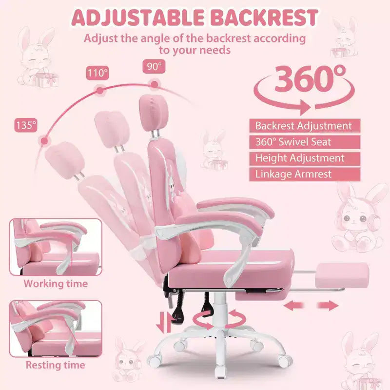 Sedia Gaming a Forma di Coniglio per Bambini con Cuscino Massaggiante e Poggiapiedi, Regolabile ed Ergonomica, Design Carino Kawaii per Fascia d'Età 8-14