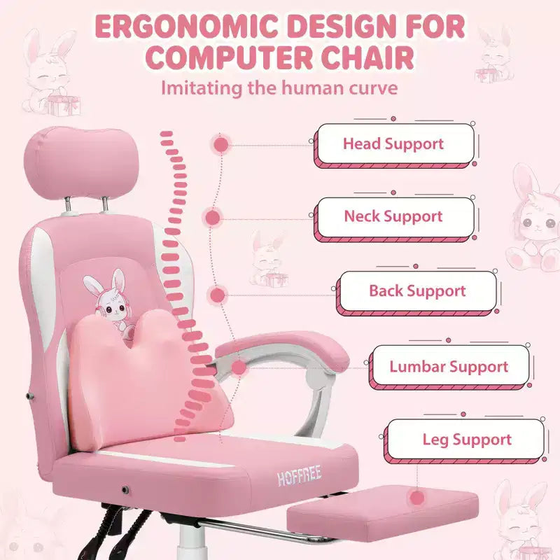 Sedia Gaming a Forma di Coniglio per Bambini con Cuscino Massaggiante e Poggiapiedi, Regolabile ed Ergonomica, Design Carino Kawaii per Fascia d'Età 8-14