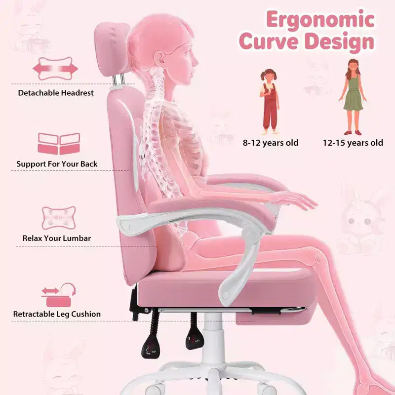 Sedia Gaming a Forma di Coniglio per Bambini con Cuscino Massaggiante e Poggiapiedi, Regolabile ed Ergonomica, Design Carino Kawaii per Fascia d'Età 8-14