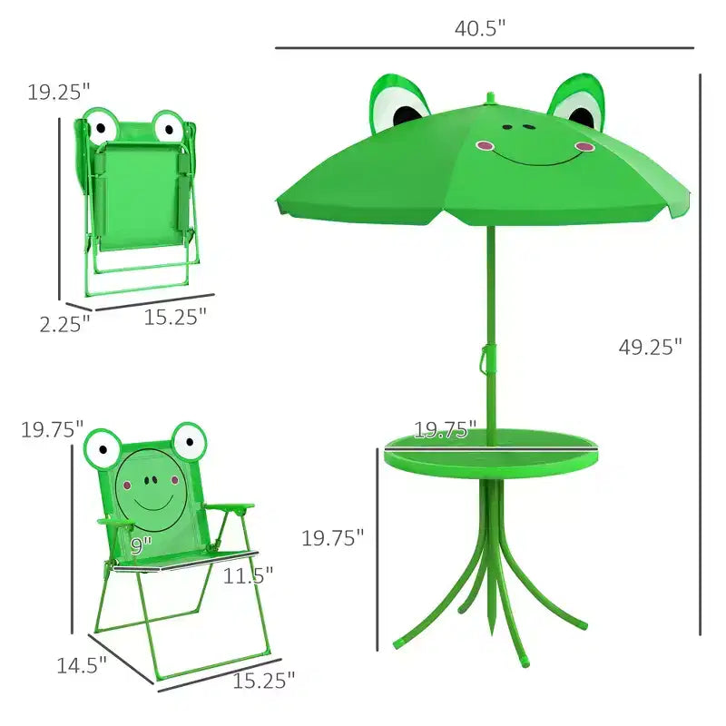 Set Tavolo e Sedie Pieghevoli per Bambini, Tavolo da Picnic con Motivo a Rana Rimovibile e Ombrellone Regolabile in Altezza per Giardino, Cortile, Verde