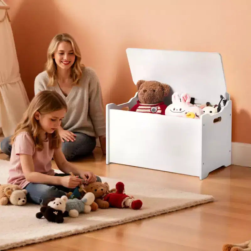 Panca portaoggetti per bambini, cassapanca giocattoli in legno con schienale, mobile contenitore grande con cerniera di sicurezza, panca contenitore per bambini per sala giochi, bianca