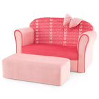 Costway Kids Double Sofa Velvet Upholstered Sofa Couch w/Footstool & Armrests Pink
