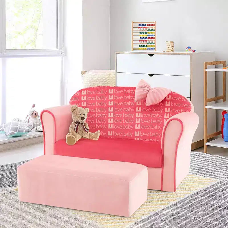 Divano Doppio per Bambini, Divano Imbottito in Velluto con Poggiapiedi e Braccioli, Rosa