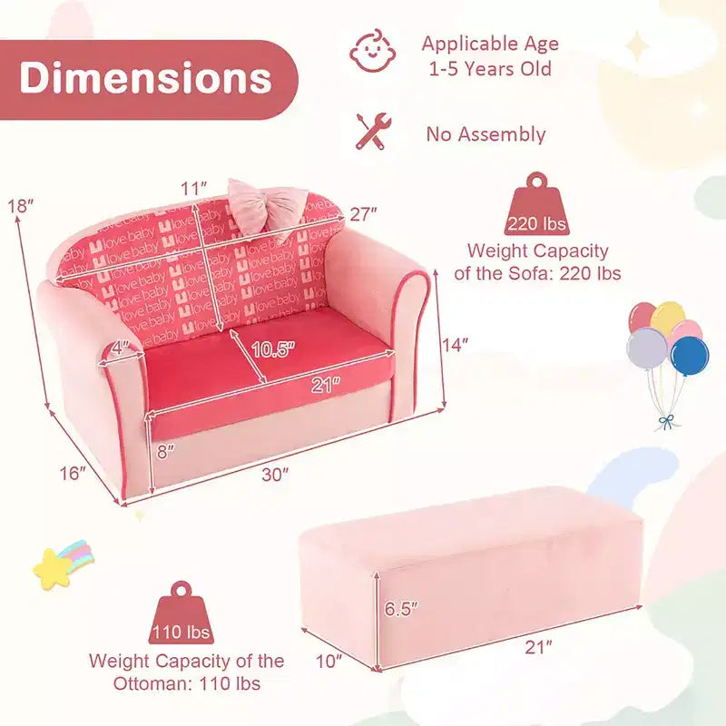 Divano Doppio per Bambini, Divano Imbottito in Velluto con Poggiapiedi e Braccioli, Rosa