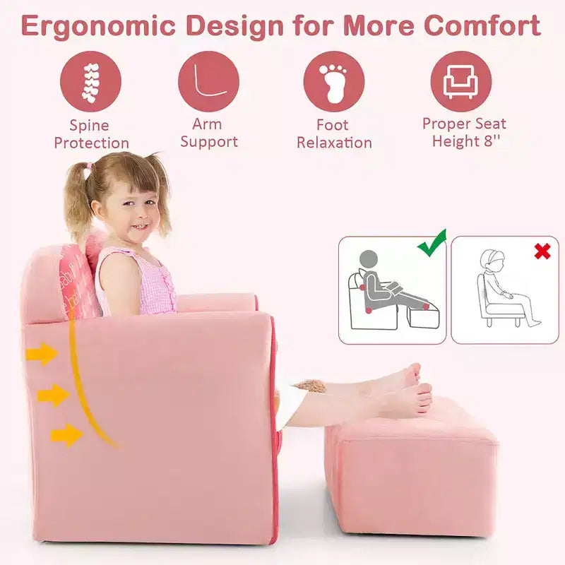 Divano Doppio per Bambini, Divano Imbottito in Velluto con Poggiapiedi e Braccioli, Rosa