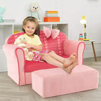 Divano Doppio per Bambini, Divano Imbottito in Velluto con Poggiapiedi e Braccioli, Rosa