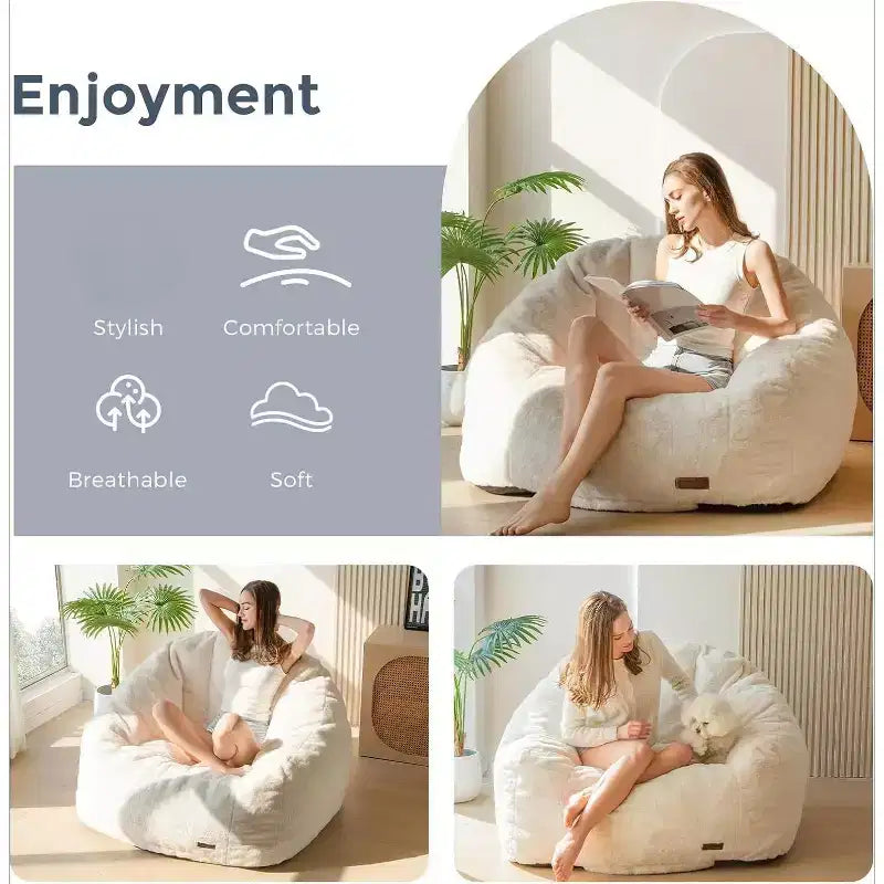 Poltrona Sacco Gigante a Forma di Concha Divano Oversize in Ecopelliccia per Adulti Bambini con Imbottitura Beige
